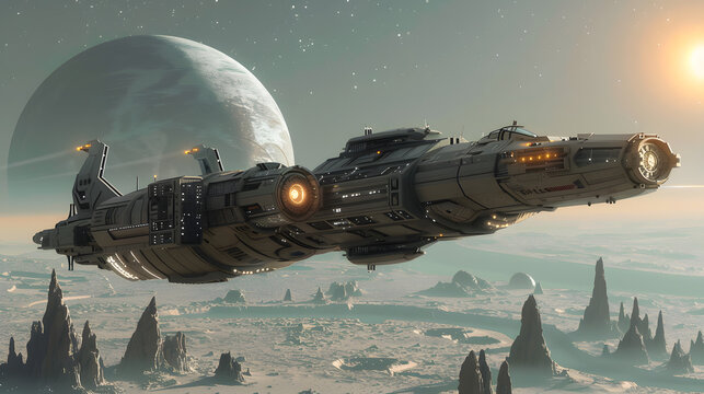 rawn spaceship over an alien planet