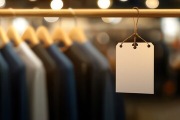 Customizable white store labels for retail display clothing boutique promotional products modern environment close-up view marketing strategy