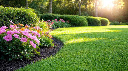 serene garden with vibrant flowers and manicured hedges in sunlight