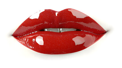 Glossy red lips with a glamorous finish