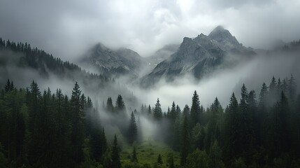 Majestic mountain landscape with mist and dense pine forest