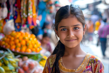 Against the backdrop of a bustling marketplace, an Indian girl exudes confidence, her bold attitude and fearless demeanor empowering her to pursue her dreams with passion and determination