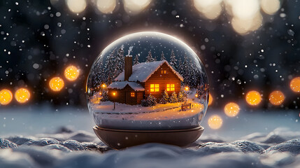 Cozy winter scene inside a snow globe