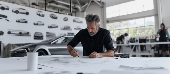 Expert car designer creates innovative concept sketches in a modern studio filled with inspiration and automotive designs