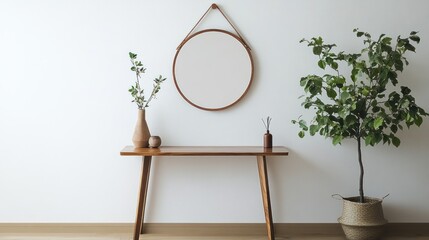 Minimalist Home Decor Featuring Wooden Console Table and Round Mirror