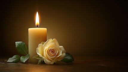 Lit candle with pale rose, dark background.