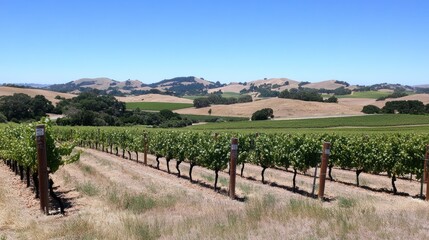 Fototapeta premium Vineyard Rows Rolling Hills Sunny Day Landscape