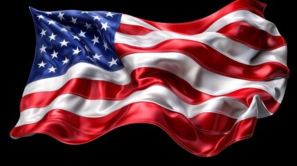 an american flag waving in the wind on a black background