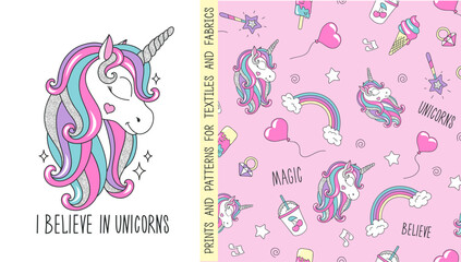 Fashionable seamless glitter unicorn pattern for t-shirts and fabric. Cartoon vector.
