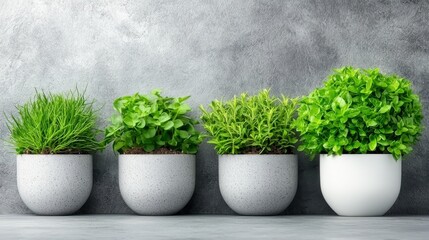 Fototapeta premium A row of three white pots with green plants in them