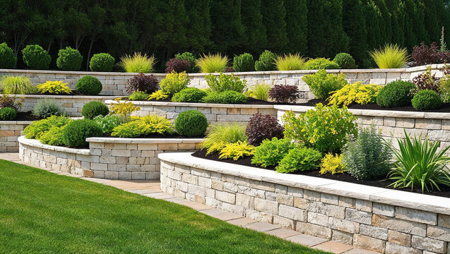 Beautiful landscaping with stone retaining walls creating a tiered garden