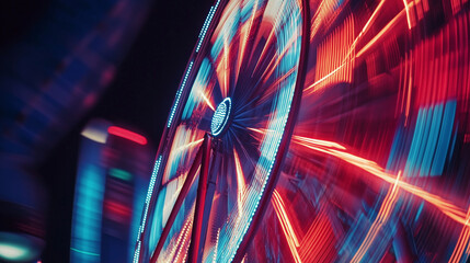 A stunning view of the illuminated Ferris wheel at night. A giant wheel, is aglow with vibrant lights against the dark sky, creating a magical and festive atmosphere.