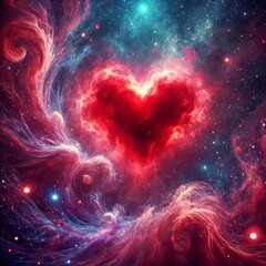 Glowing red heart-shaped nebula in outer space with swirling purple and blue gases, symbolizing love and cosmic energy.
