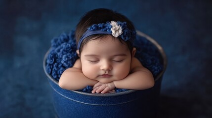 Sleeping Baby Girl In Blue Bucket With Headband