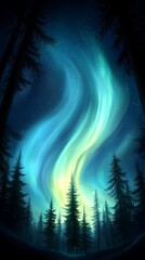 Naklejka premium A picture of the aurora borealis in the night sky over a forest