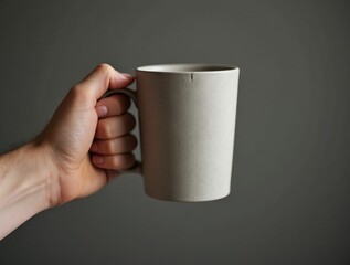 Close-up of a hand holding a minimalist ceramic mug against a neutral background