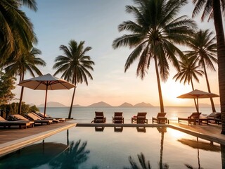 Fototapeta premium Tropical Poolside with Palm Trees at Sunset