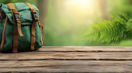 A green backpack sitting on top of a wooden table