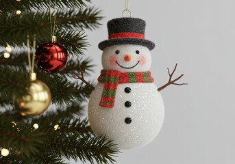 A smiling Christmas tree ornament shaped like a snowman on a white background

