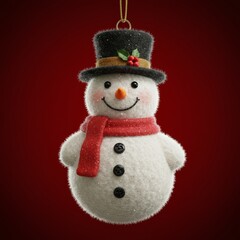 A smiling Christmas tree ornament shaped like a snowman on a red background

