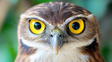  A close up of an owl's face with yellow eyes