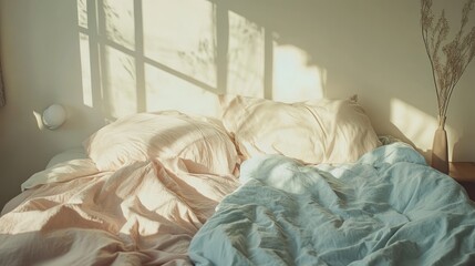 Sunlit Bedroom Bed with Wrinkled Sheets and Pillows