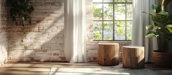 Cozy and bright interior design with wooden furniture potted plants and natural light streaming through a large window in a modern minimal space with a rustic brick wall accent
