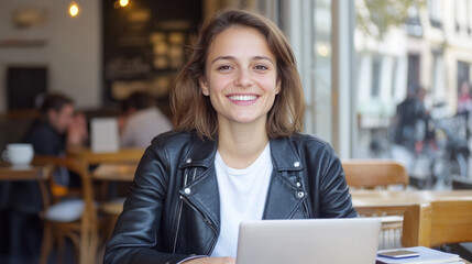Fototapeta premium French woman in black leather jacket working with a laptop at library cafe