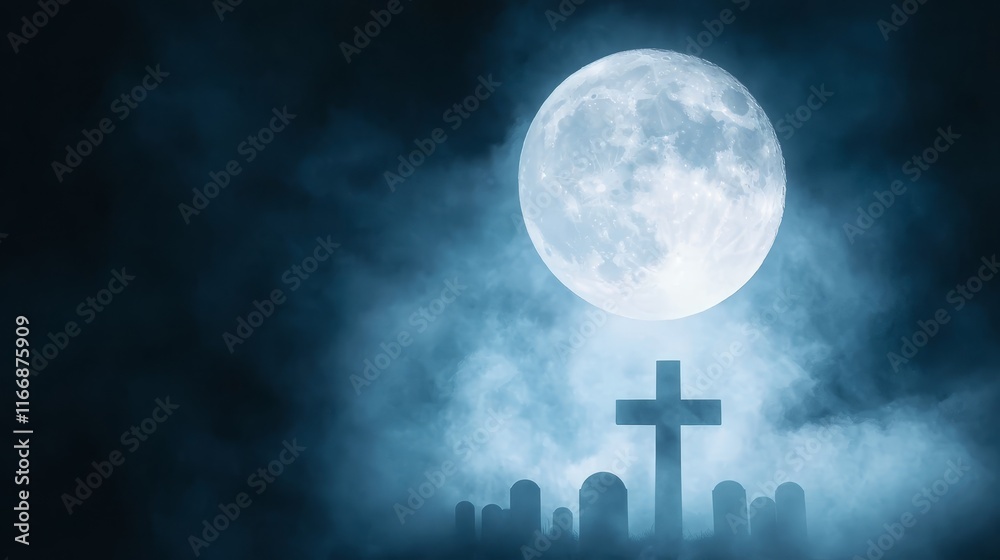 Canvas Prints a cross in the middle of a graveyard under a full moon