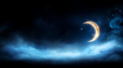 A crescent in the night sky with clouds and stars