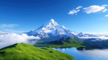 Fototapeta premium Majestic mountain landscape with lush greenery and serene water.