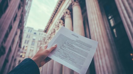 Person holding information sheet near classical columns