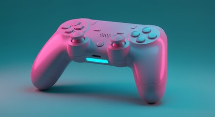 Gaming controller with neon pastel highlights on a muted aqua background, combining style and functionality for gamers