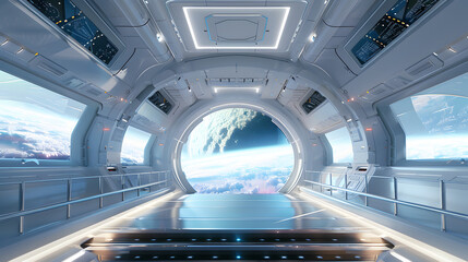  Cinematic 3D rendering of science fiction spaceship interior with staircase to upper deck and window view of planet surface
