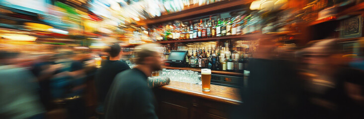 A vibrant pub filled with patrons socializing and enjoying their drinks. The atmosphere is energetic with colorful lights and a well-stocked bar. Laughter and conversation fill the air.