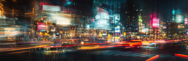 Fototapeta premium Bright city lights create a lively atmosphere in an urban area at night. The streets are filled with cars, adding to the dynamic energy of the scene, showcasing a colorful urban landscape.