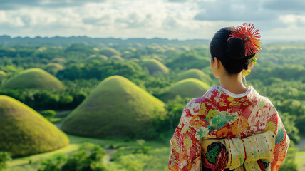 フィリピンのチョコレートヒルズを背景に立つ着物姿の女性