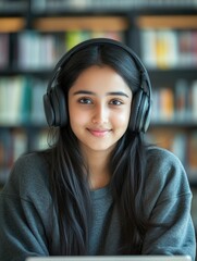 Smiling Young Woman Wearing Headphones
