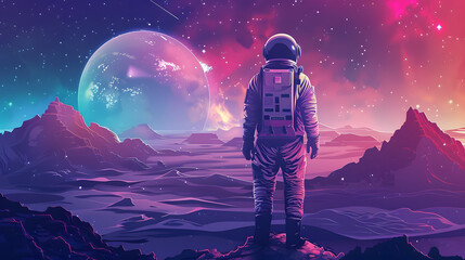 colorful illustration of astronaut in space suit and helmet exploring alien planet with mountains and stars and moons on night sky, astronomy concept