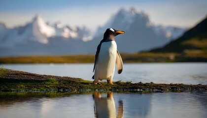 Fototapeta premium penguin standing on the edge of a body of water with mountains in background, portrait full length side profile view