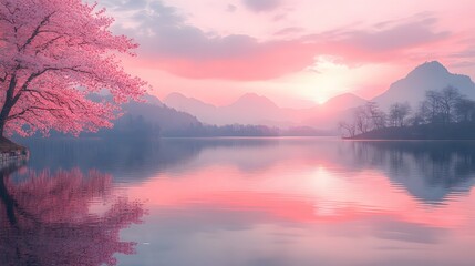 Fototapeta premium Morning view of cherry blossoms reflected in a peaceful lake during springtime