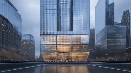 Modern glass façade of tall skyscraper business buildings reflecting a vibrant urban skyline on a clear day.



