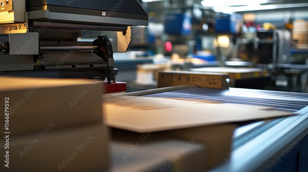 Poster industrial printing machine processes cardboard sheets