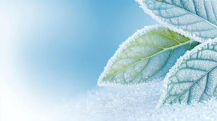 A close up of a leaf covered in frost on a blue background