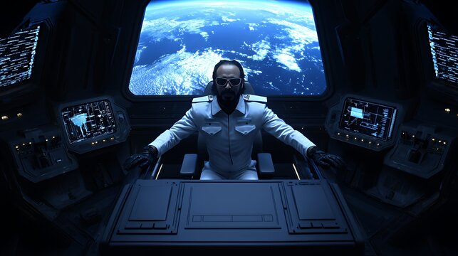 Spaceship Captain, Commanding Officer of Starship Enterprise, Views Earth From Bridge