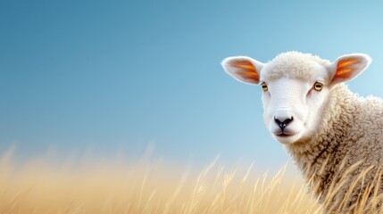 Fototapeta premium A sheep standing in a field of tall grass