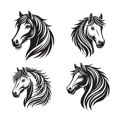 Detailed Silhouette of a Mustang Horse Face Isolated on White Background in Monochrome