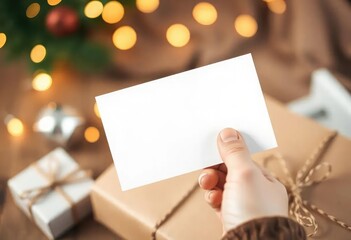 Obraz premium A blank white card held by a hand, paired with a craft paper envelope, surrounded by soft bokeh lights and gift wrapping elements