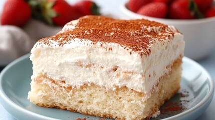 A piece of cake on a plate with strawberries in the background