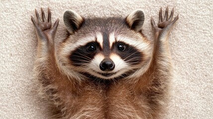 Fototapeta premium A raccoon with its hands up in the air